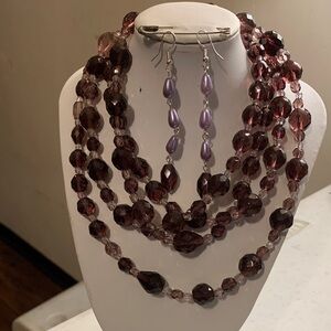 Elegant Purple glass Beaded Necklace and Earring Set with silver link